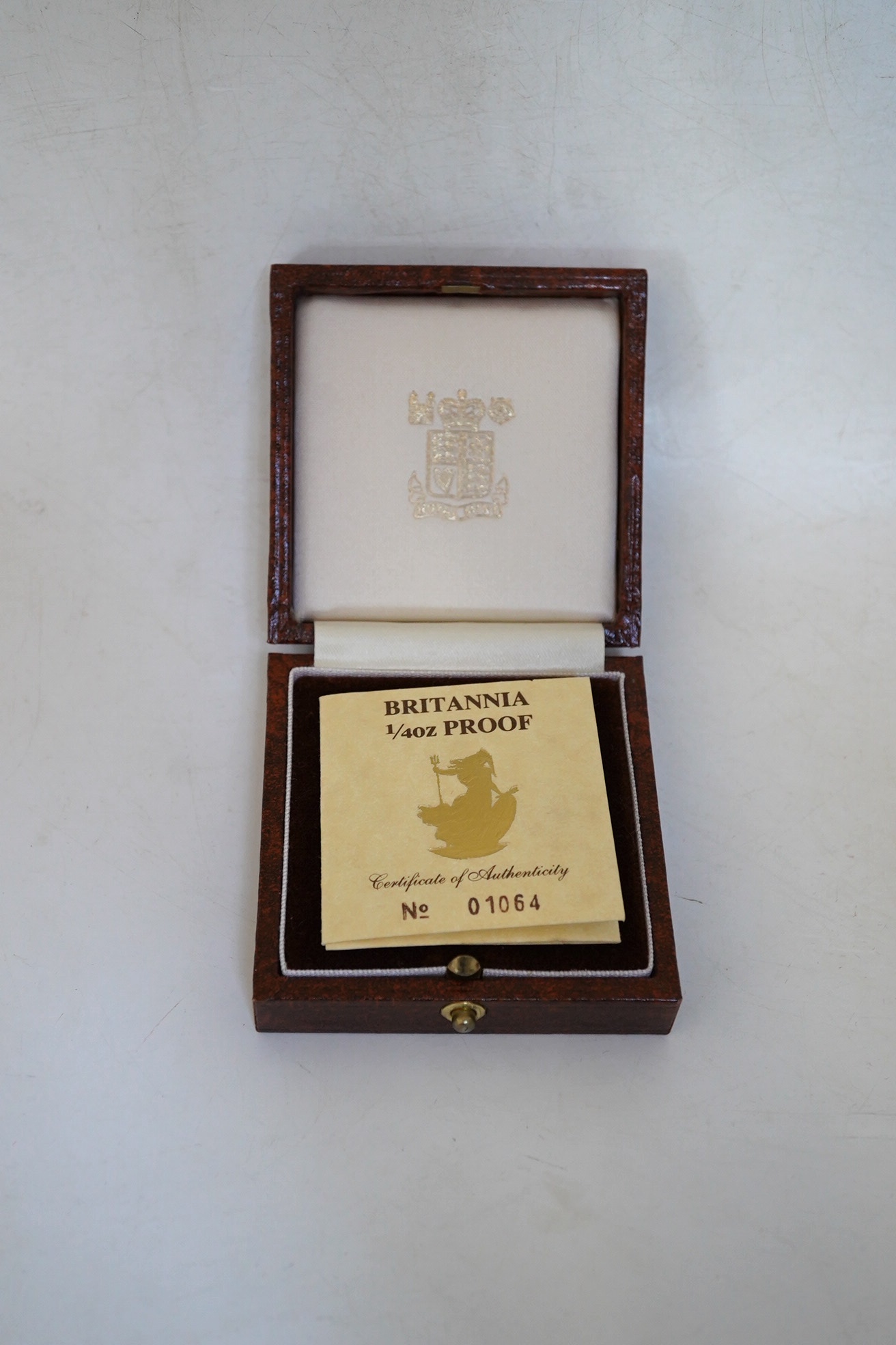 British gold coins, 1987 Royal Mint Britannia 1/4 oz. proof gold £25 coin, in case of issue with certificate